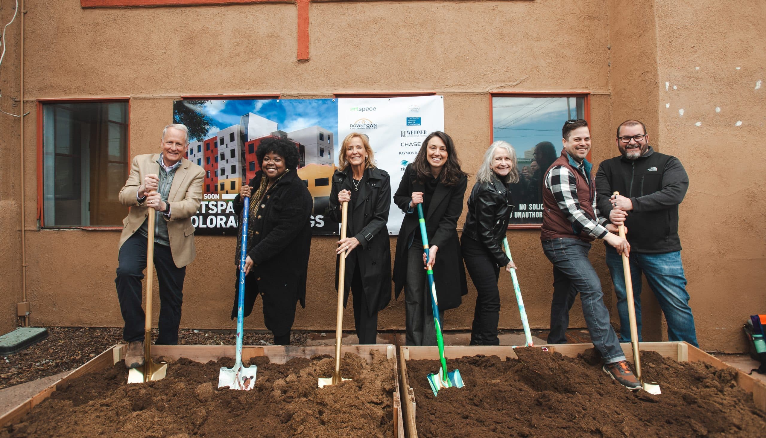 From left, Steve Posey, City of Colorado Springs Community Development; artist Jeresnyeka Rose; Ingrid Richter, Olive Real Estate Group and Downtown Development Authority Board Chair; Crystal LaTier, El Paso County Economic Development; Wendy Holmes, Artspace; Luka Koski, Artspace; Turner Construction