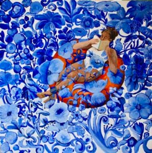 Echoes of love petals in Ultramarine blue. Acrylic on Foam Board. 30 inches by 30 inches - Auric Gallery
