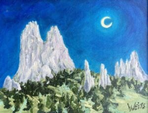 “Moonrise over Kindergarten Rock” 14” x 11”, 16” x 13” framed, Oil on canvas 225 - Auric Gallery (1)